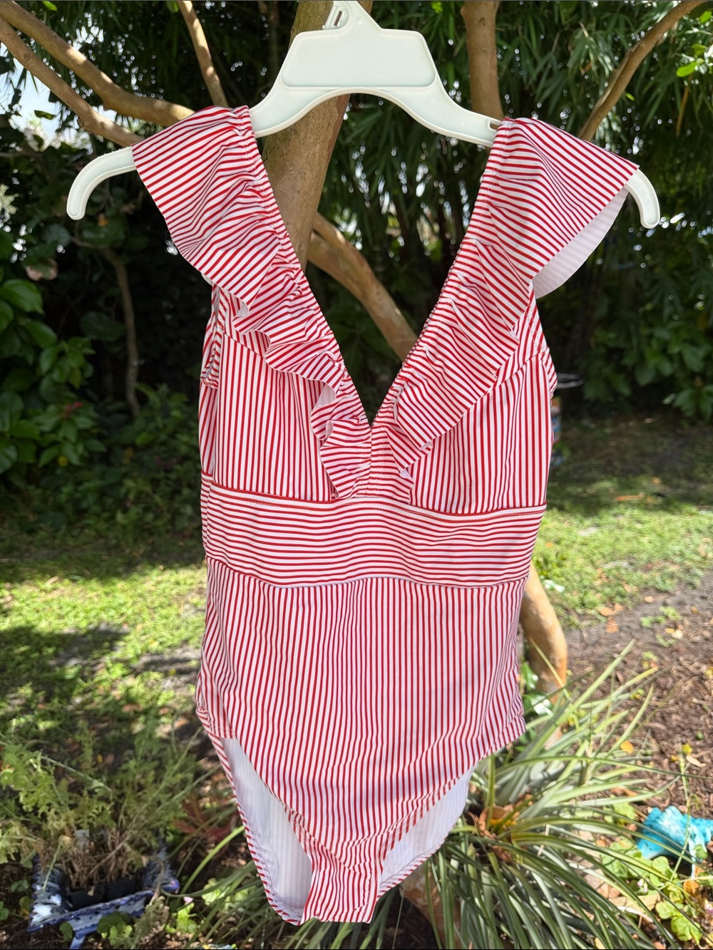 Red & White Striped Ruffle OnePiece Bathing suit  4th July Beach Italy Vacation